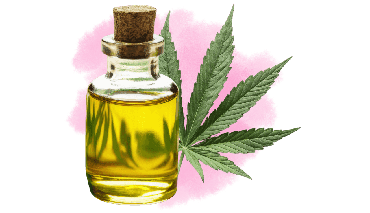 Eine kleine Flasche mit Öl und ein Cannabisblatt. Pinker Nebel im Hintergrund.