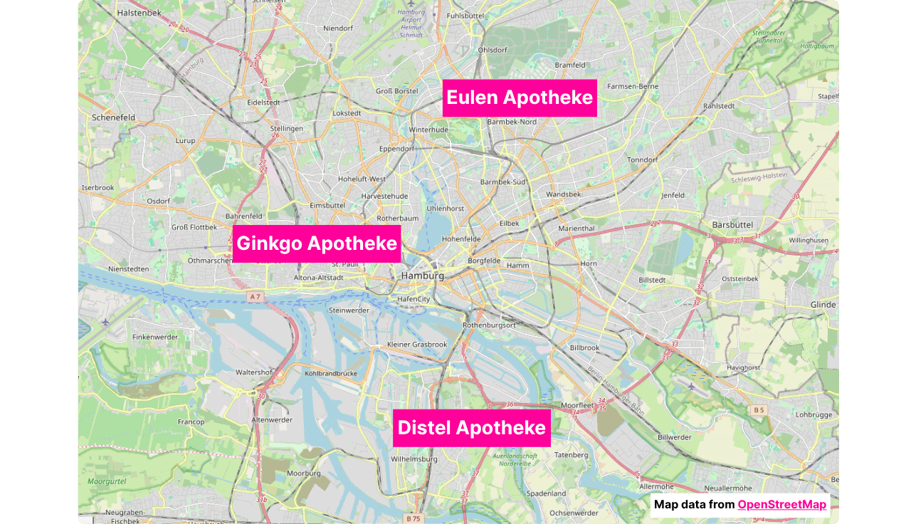 OpenStreetMap von Hamburg, in der die 3 Standorte der Eulen Apotheke eingetragen sind.